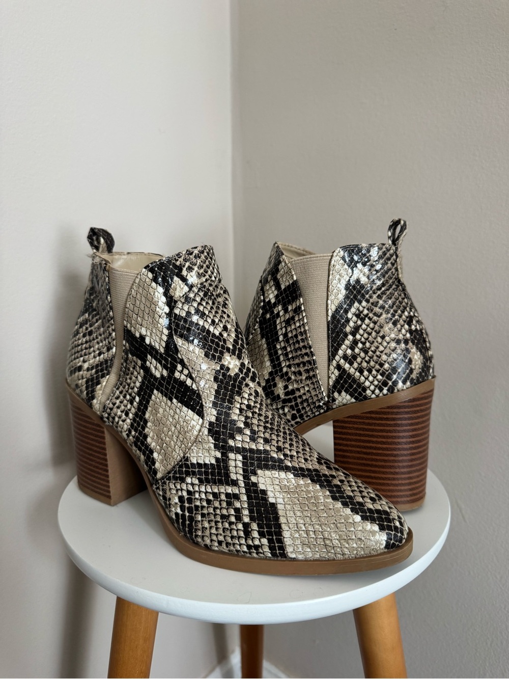 MIA Snake-Print Ankle Boots in Black & Cream
